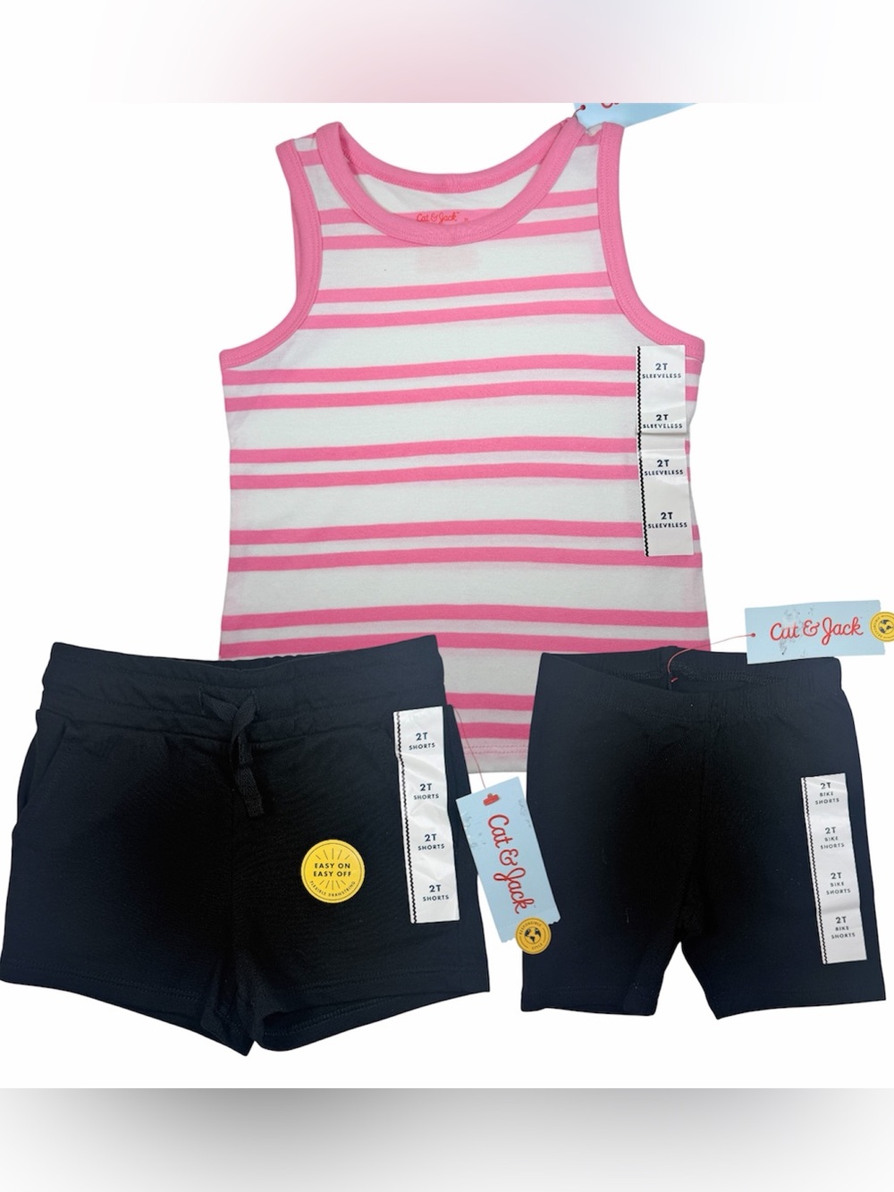 Cat & Jack 3Pc Summer Outfit Set 2T Pink Stripe Tank Black Shorts New